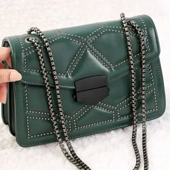 New Rocker Green Vegan Leather Studs Handbag Purse Inspired Trending - Picture 6 of 9